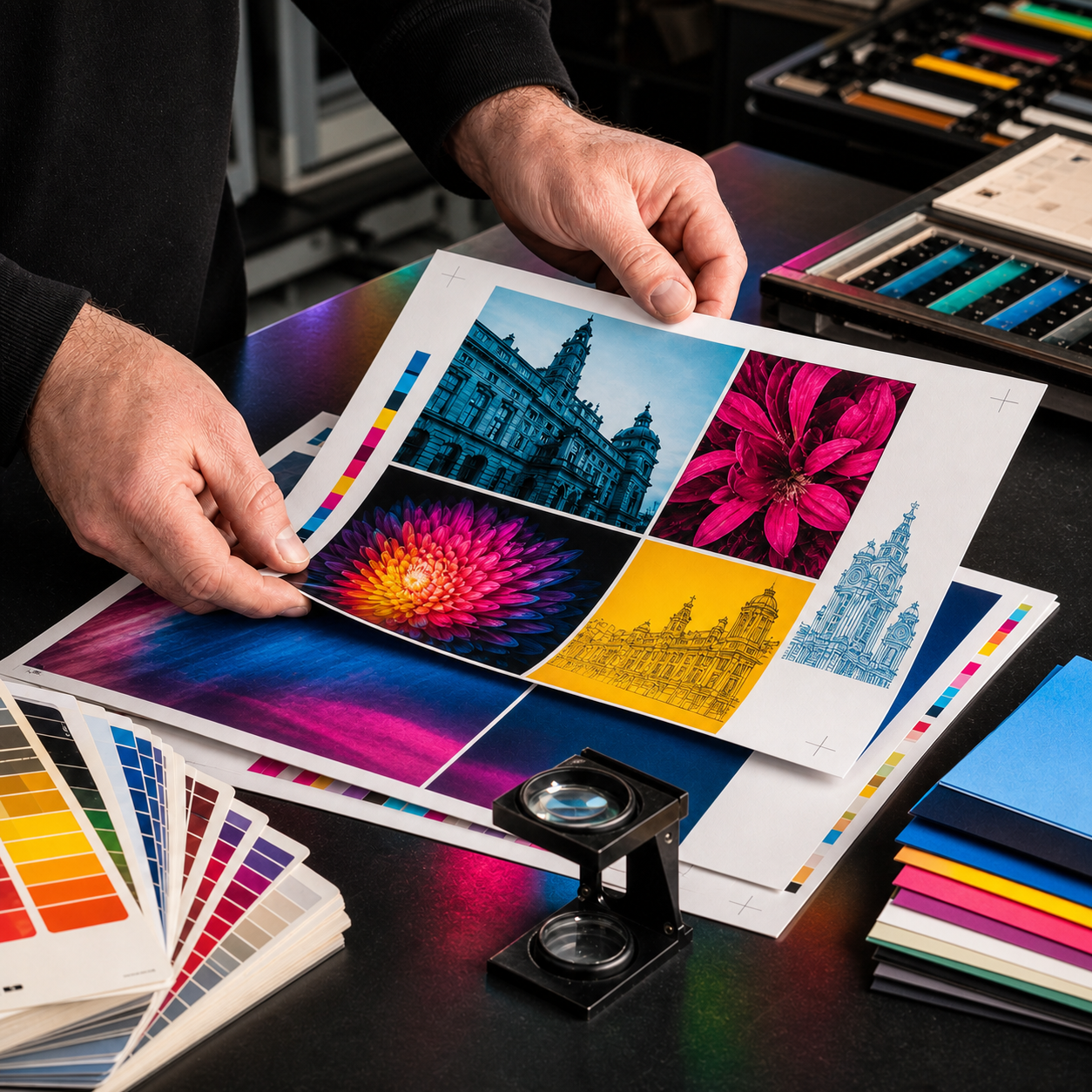 Printer checking colour proofs against CMYK swatches